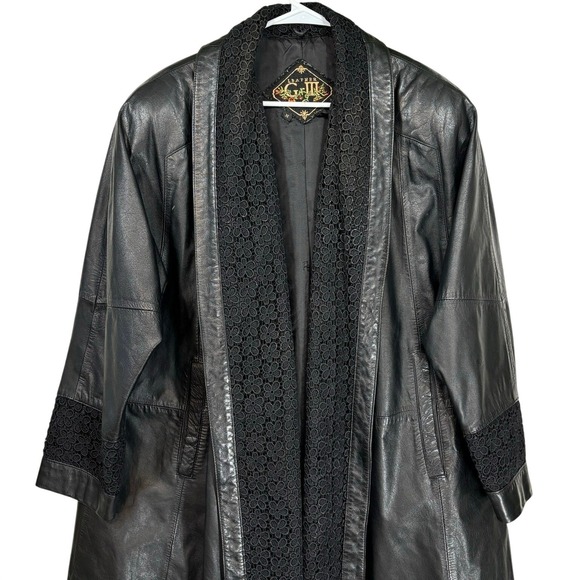 Vintage Floral Leather Coat MEDIUM Black Lace Trim Jacket Goth Grunge Whimsigoth